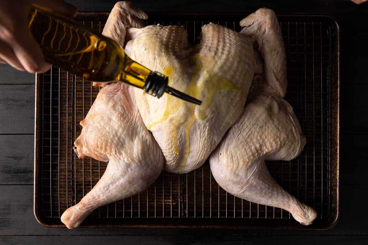 Coat the outside of the turkey skin with oil