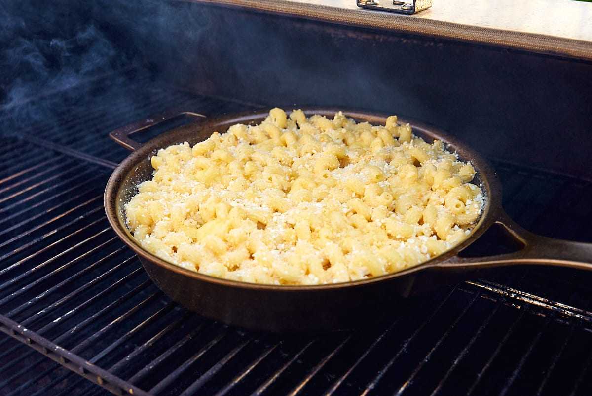 Smoked Mac and Cheese cooking on the smoker